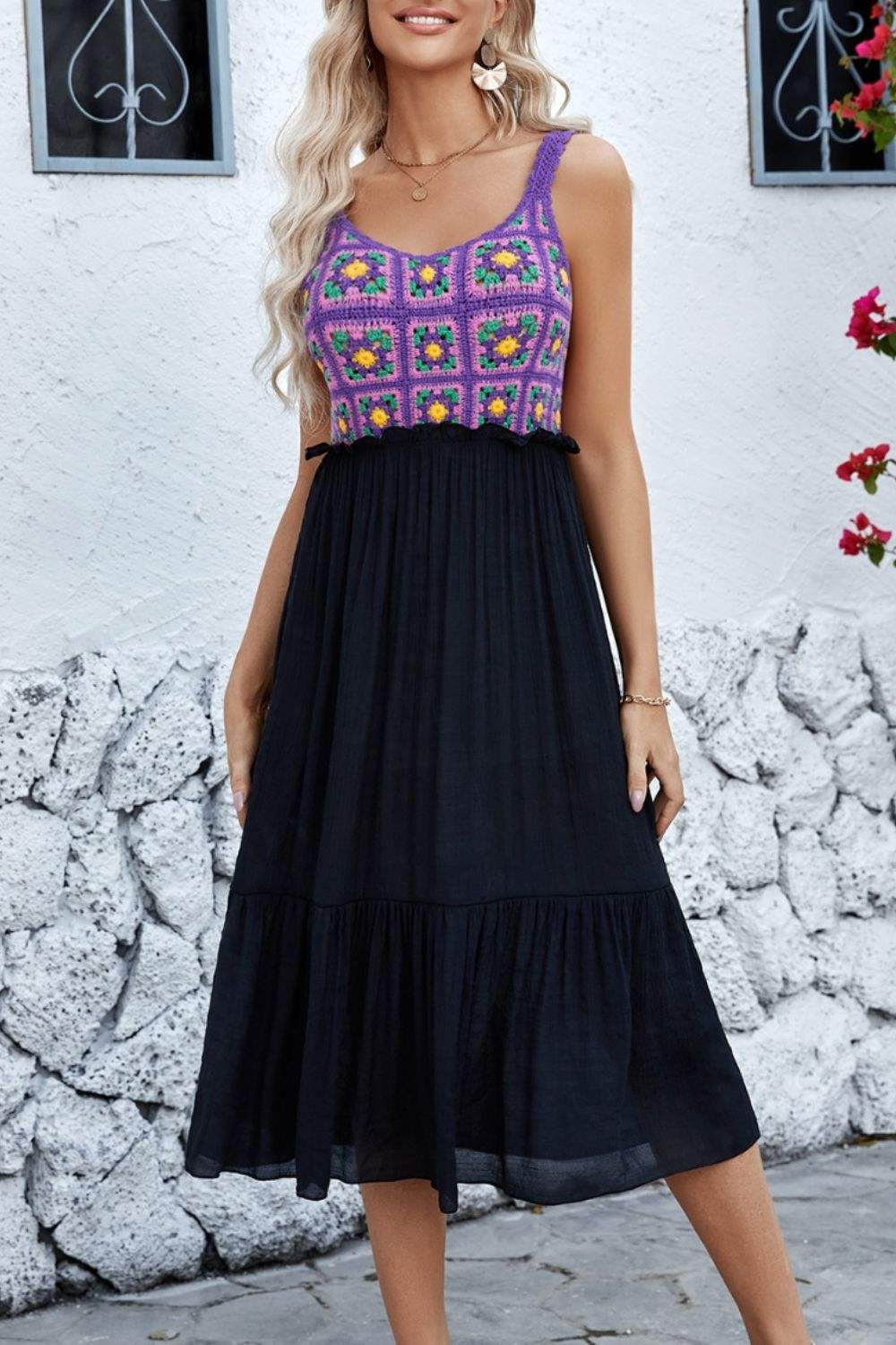 Openwork Wide Strap Midi Dress - Trendsi - Flyclothing LLC