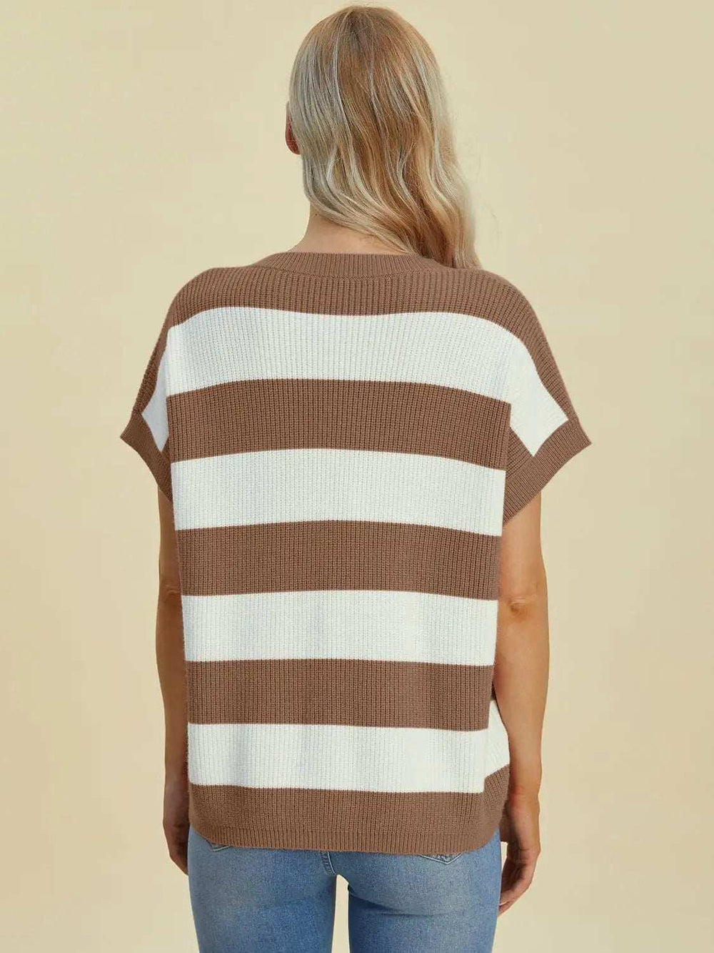 Double Take Full Size Striped V-Neck Short Sleeve Sweater - Trendsi - Flyclothing LLC