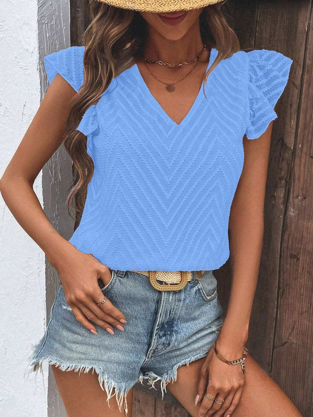 Textured V-Neck Cap Sleeve Blouse - Trendsi - Flyclothing LLC