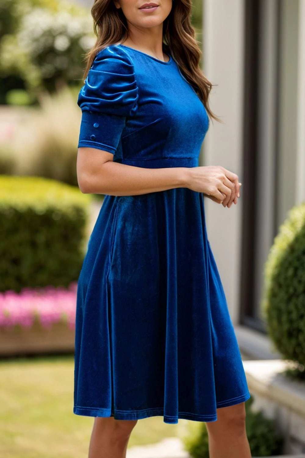 Velvet Round Neck Puff Sleeve Dress - Trendsi - Flyclothing LLC