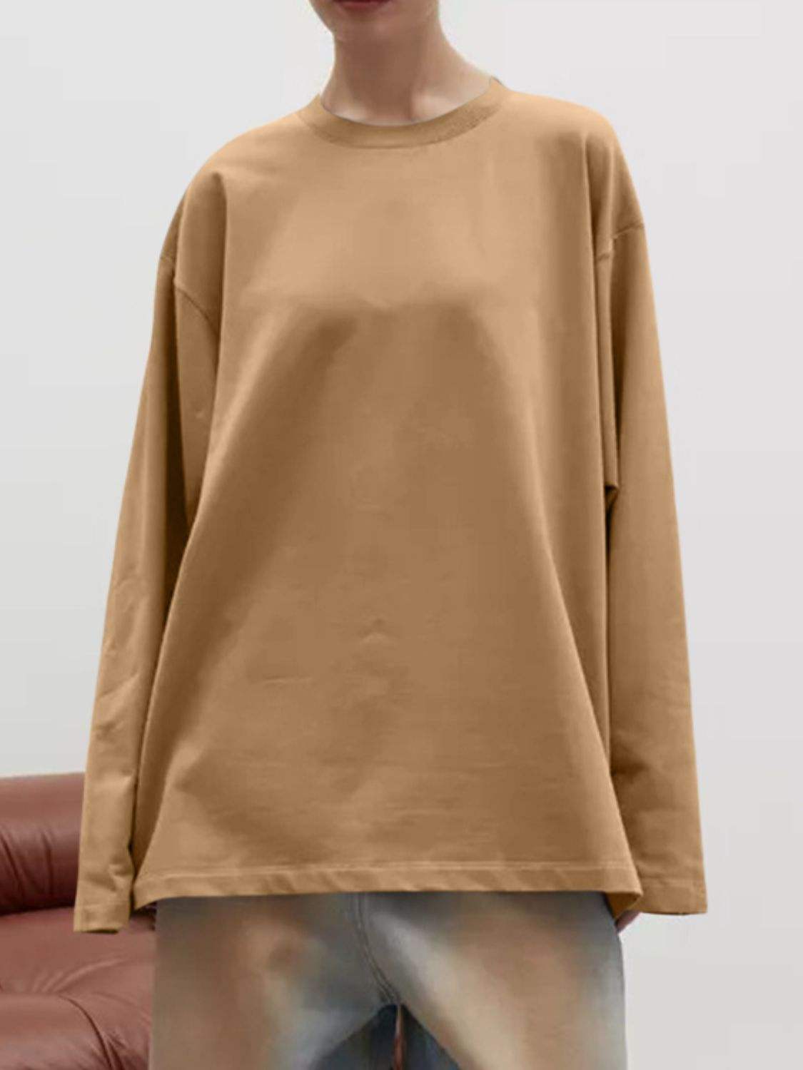 Round Neck Dropped Shoulder Long Sleeve T-Shirt - Trendsi - Flyclothing LLC