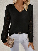 V-Neck Crochet Sleeve Sweater - Trendsi - Flyclothing LLC