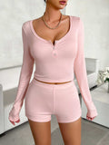 Scoop Neck Long Sleeve Top and Shorts Set - Trendsi - Flyclothing LLC