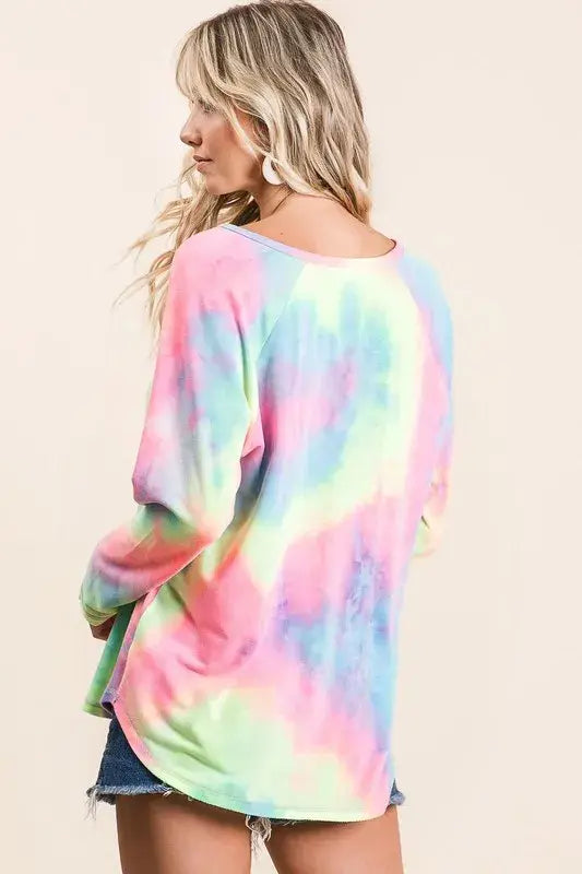 BiBi Long Sleeve Tie-Dye Terry T-Shirt - Trendsi - Flyclothing LLC