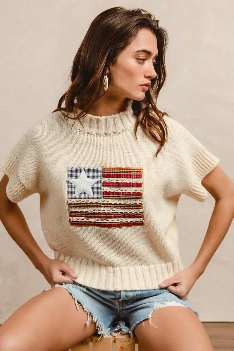 BiBi American Flag Patchwork Drop Shoulder Sweater - Trendsi - Flyclothing LLC