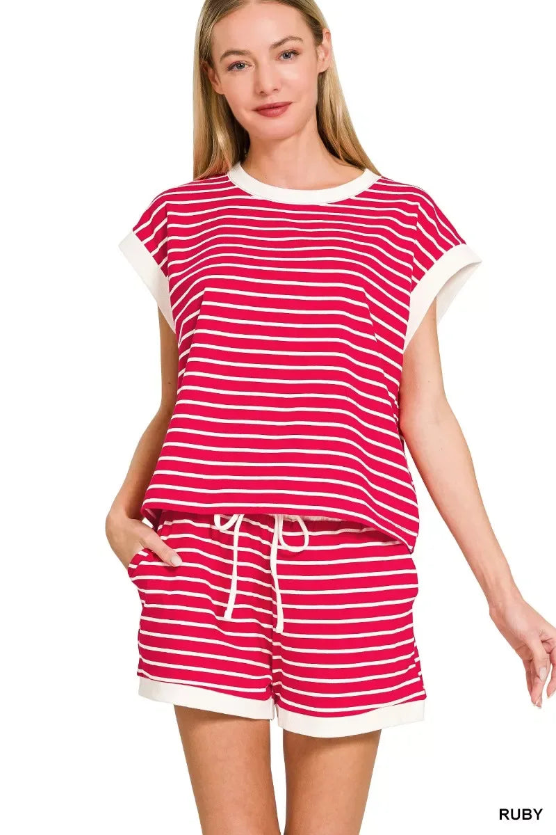 Zenana Stripe Contrast Trim Top & Shorts Set - Trendsi - Flyclothing LLC