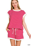 Zenana Stripe Contrast Trim Top & Shorts Set - Trendsi - Flyclothing LLC
