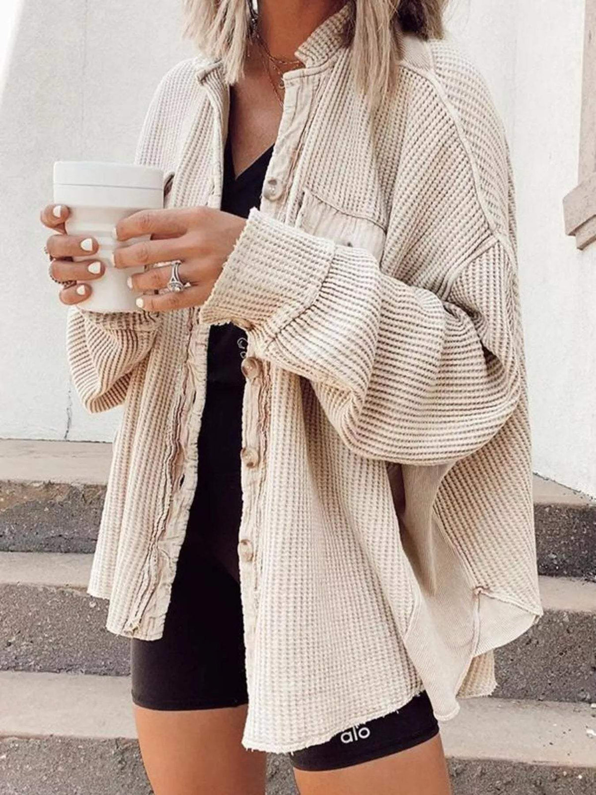 Oversized Waffle Knit Button-Up Jacket - Trendsi - Flyclothing LLC