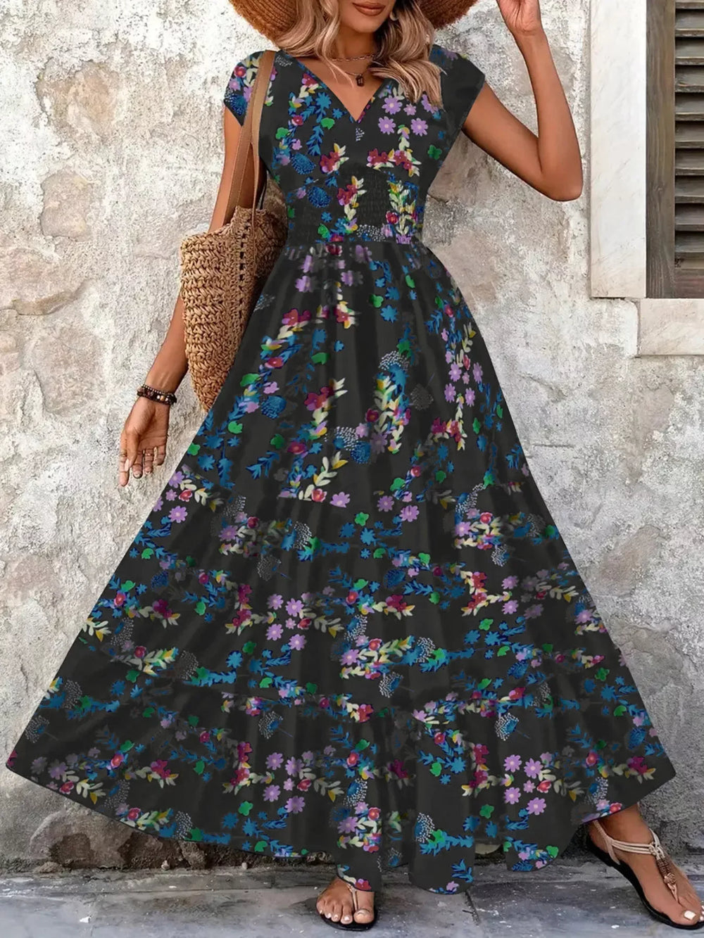 Printed V-Neck Cap Sleeve Maxi Dress - Trendsi - Flyclothing LLC