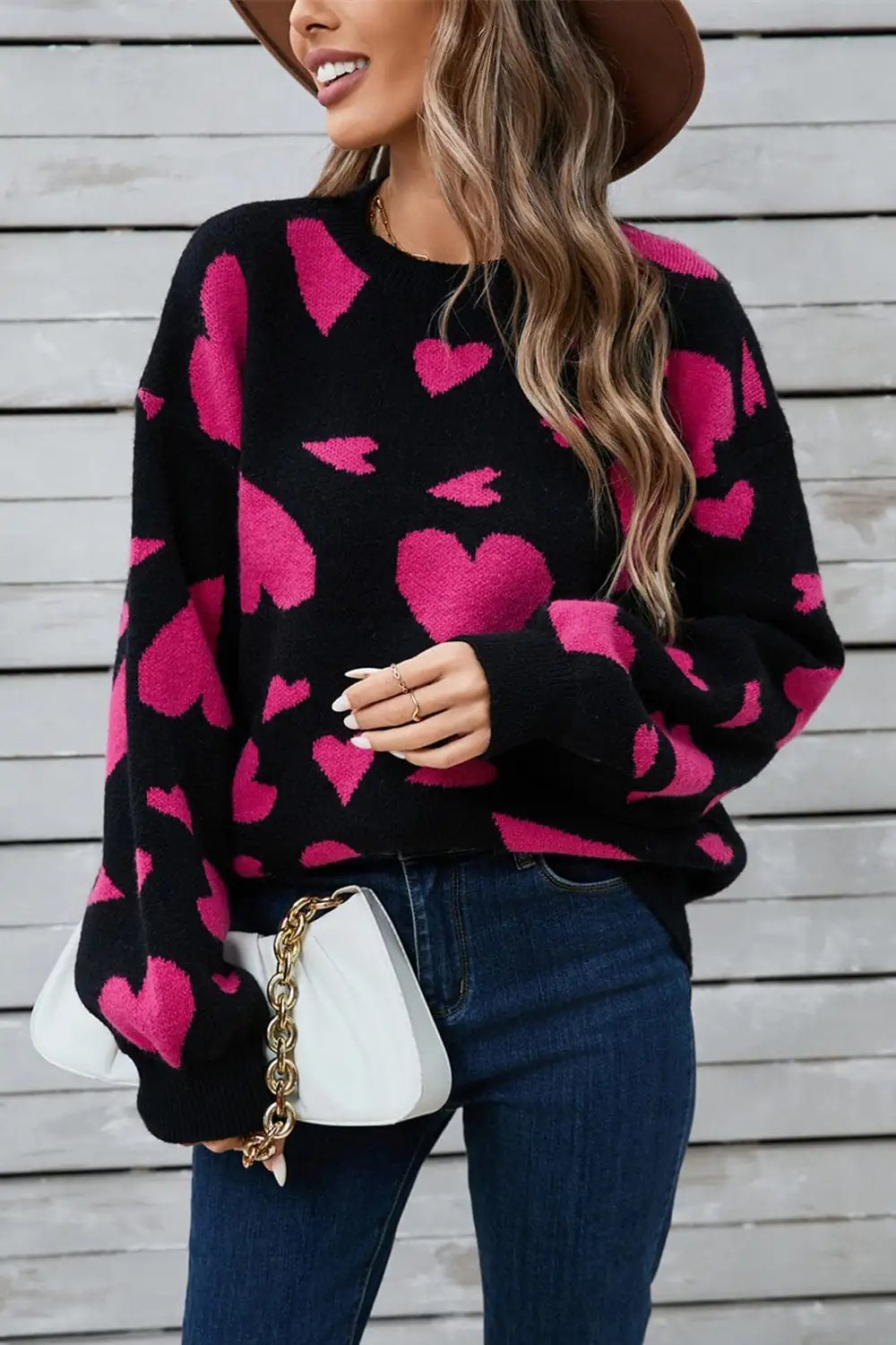 Angel Wings Heart Contrast Round Neck Long Sleeve Sweater - Trendsi