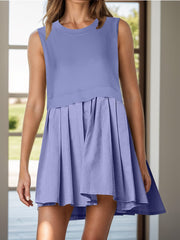 Pleated Round Neck Sleeveless Mini Dress - Trendsi