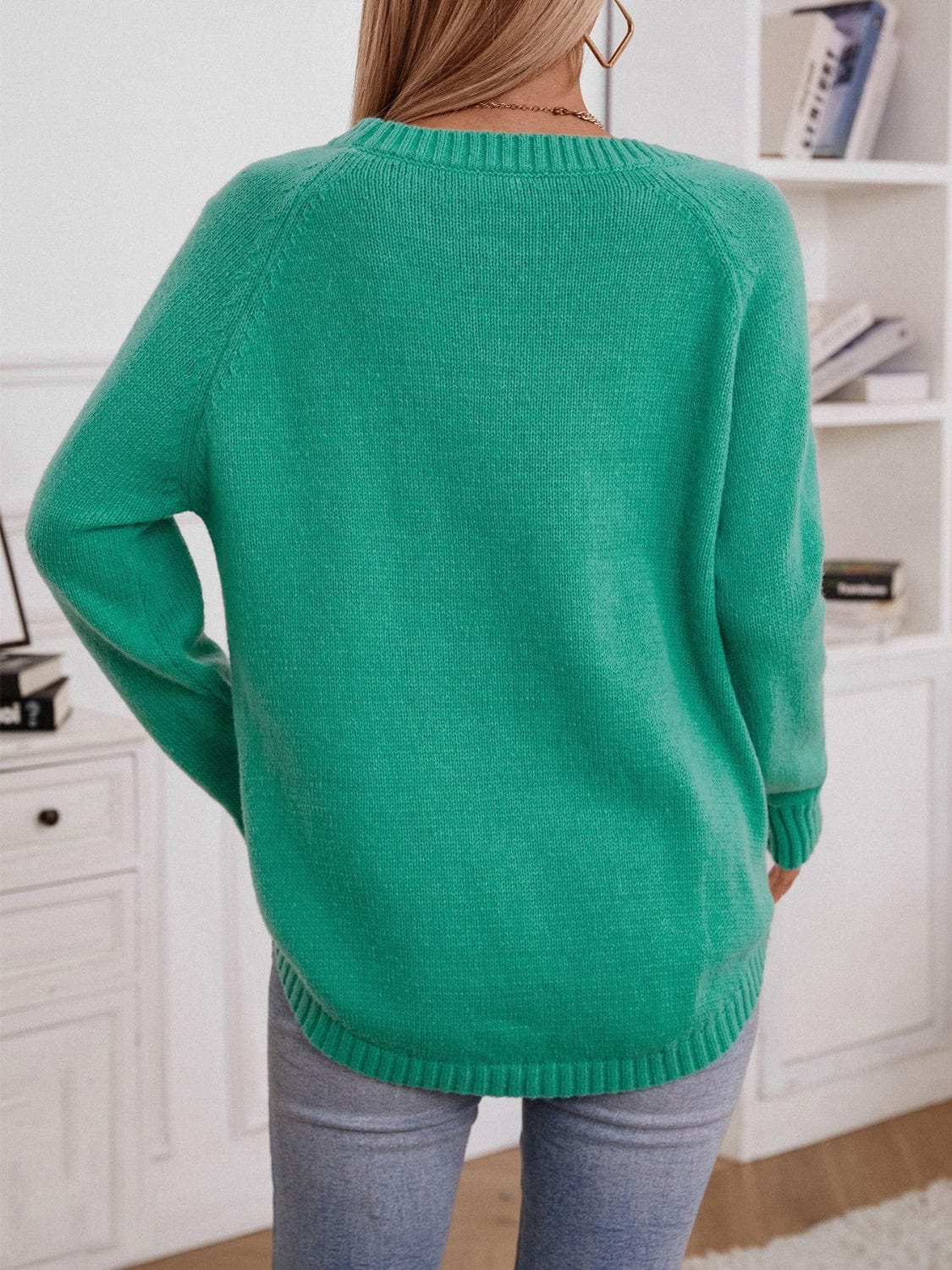 Decorative Button Round Neck Raglan Sleeve Sweater - Trendsi