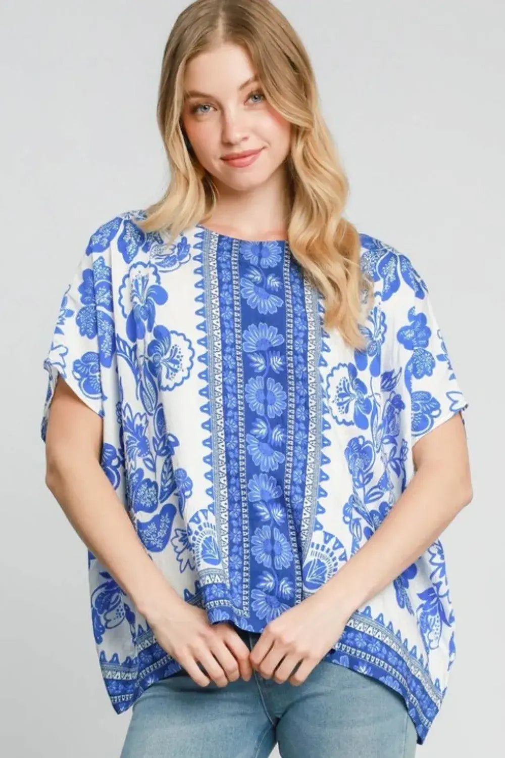 Umgee Full Size Floral Border Print Oversized Top Plus Size - Trendsi - Flyclothing LLC