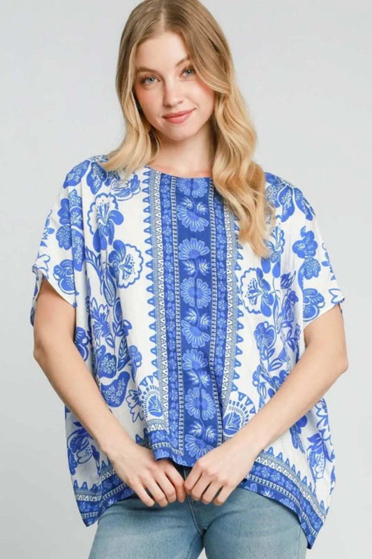 Umgee Full Size Floral Border Print Oversized Top Plus Size - Trendsi - Flyclothing LLC