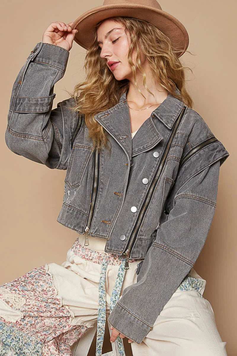 POL Cropped Denim Jacket with Functional Zipper Detail - Trendsi - Flyclothing LLC