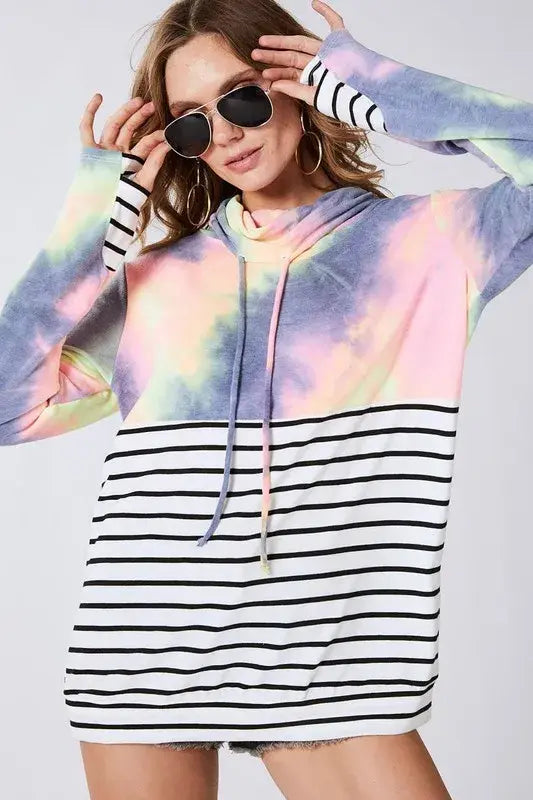 BiBi Tie Dye French Terry Cowl Neck Top - Trendsi - Flyclothing LLC