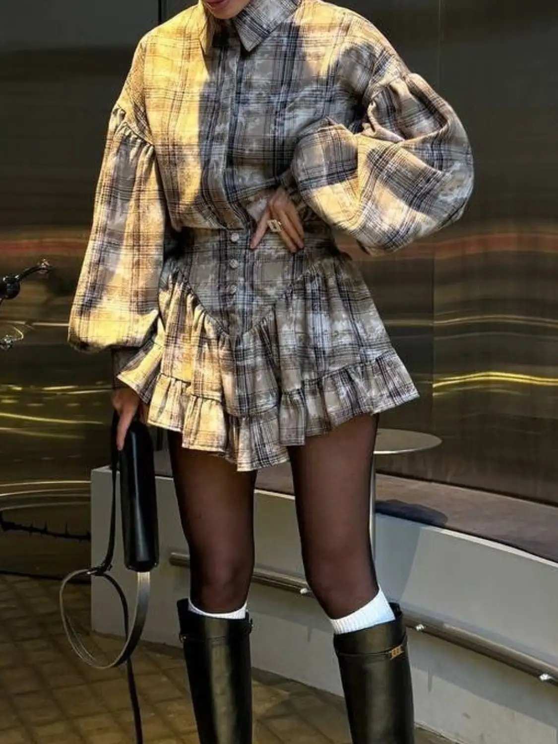 Lantern Sleeve Shirt and Ruffled Skirt Set - Trendsi - Flyclothing LLC