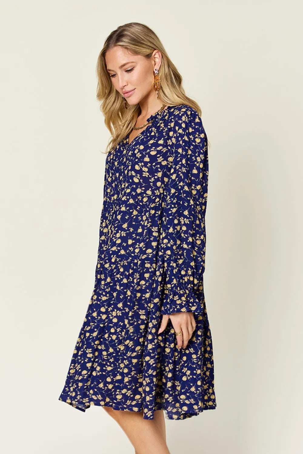 Double Take Full Size Printed Ruffle Hem Long Sleeve Tiered Dress - Trendsi - Flyclothing LLC