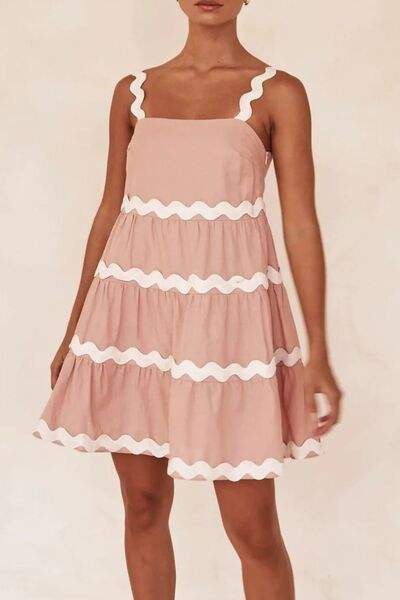 Contrast Trim Square Neck Tiered Dress - Trendsi - Flyclothing LLC