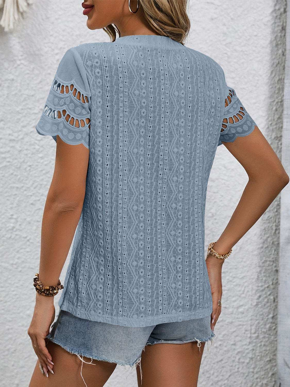 Full Size Eyelet Round Neck Short Sleeve Top - Trendsi - Flyclothing LLC
