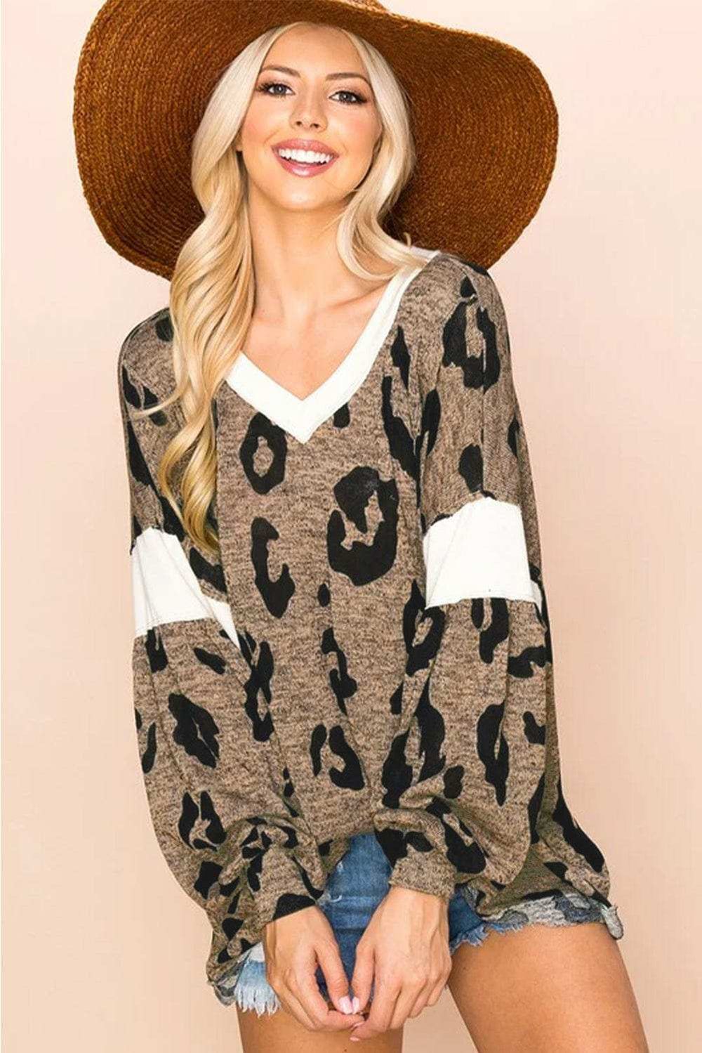 Leopard V-Neck Long Sleeve Blouse - Trendsi - Flyclothing LLC
