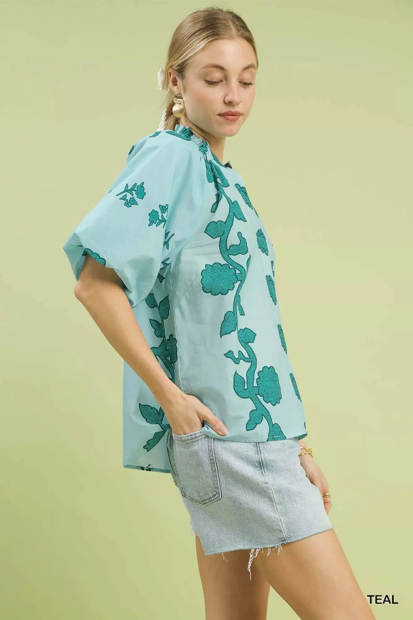 Umgee Floral Smocked Notched Puff Sleeve Blouse - Trendsi - Flyclothing LLC