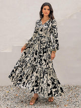 Smocked Printed Tie Neck Long Sleeve Dress - Trendsi - Flyclothing LLC