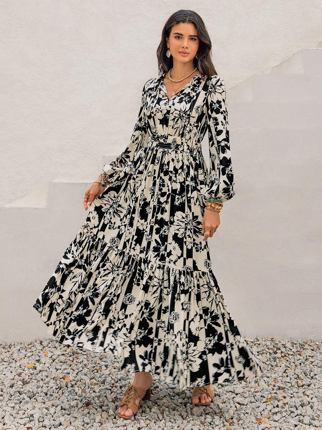 Smocked Printed Tie Neck Long Sleeve Dress - Trendsi - Flyclothing LLC
