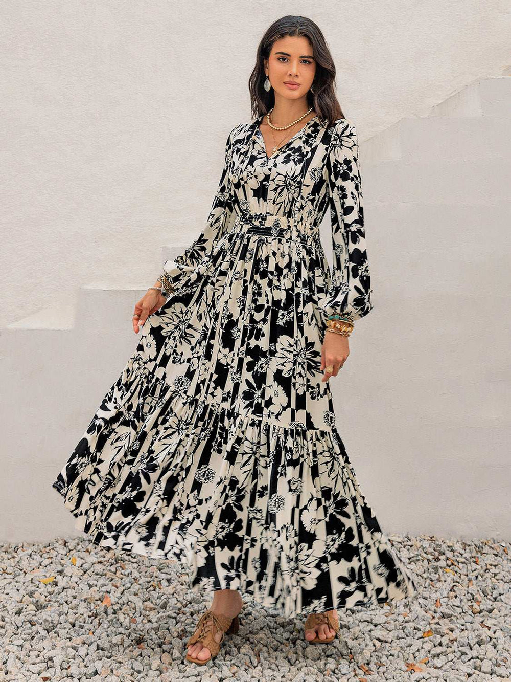 Smocked Printed Tie Neck Long Sleeve Dress - Trendsi - Flyclothing LLC
