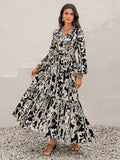 Smocked Printed Tie Neck Long Sleeve Dress - Trendsi - Flyclothing LLC
