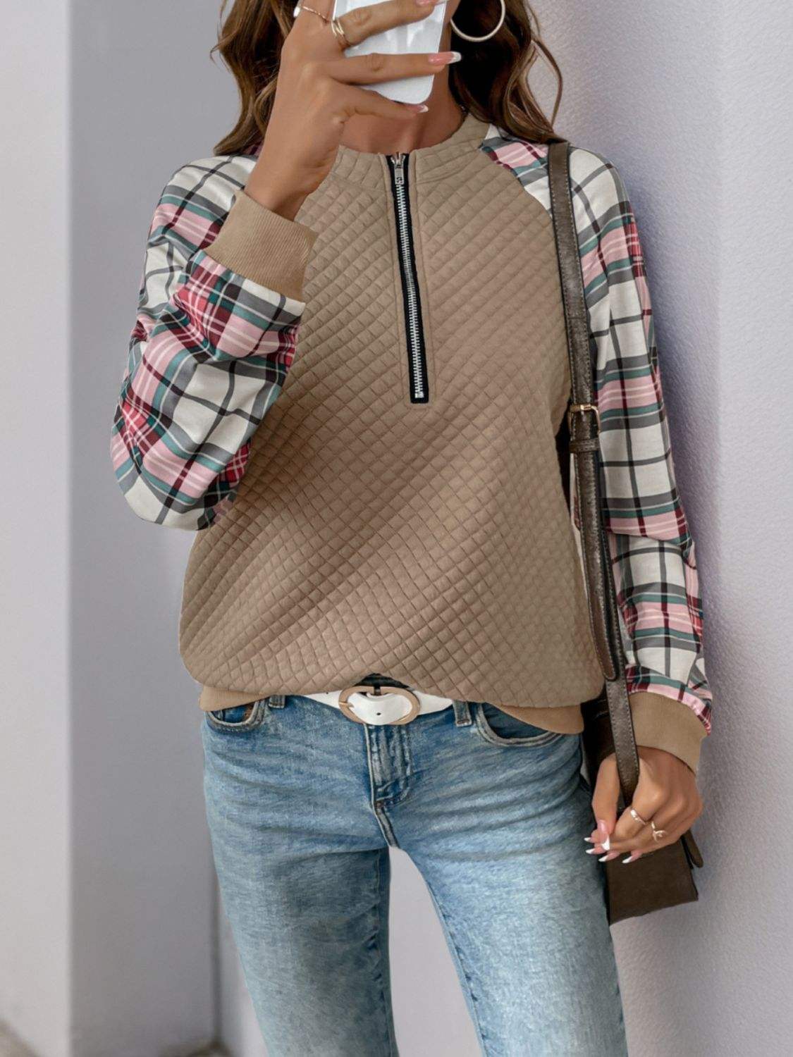 Perfee Plaid Half Zip Long Sleeve Texture Sweatshirt - Trendsi - Flyclothing LLC
