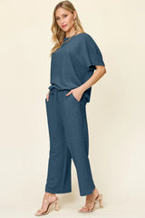Double Take Full Size Texture Short Sleeve Top and Pants Set - Trendsi - Flyclothing LLC