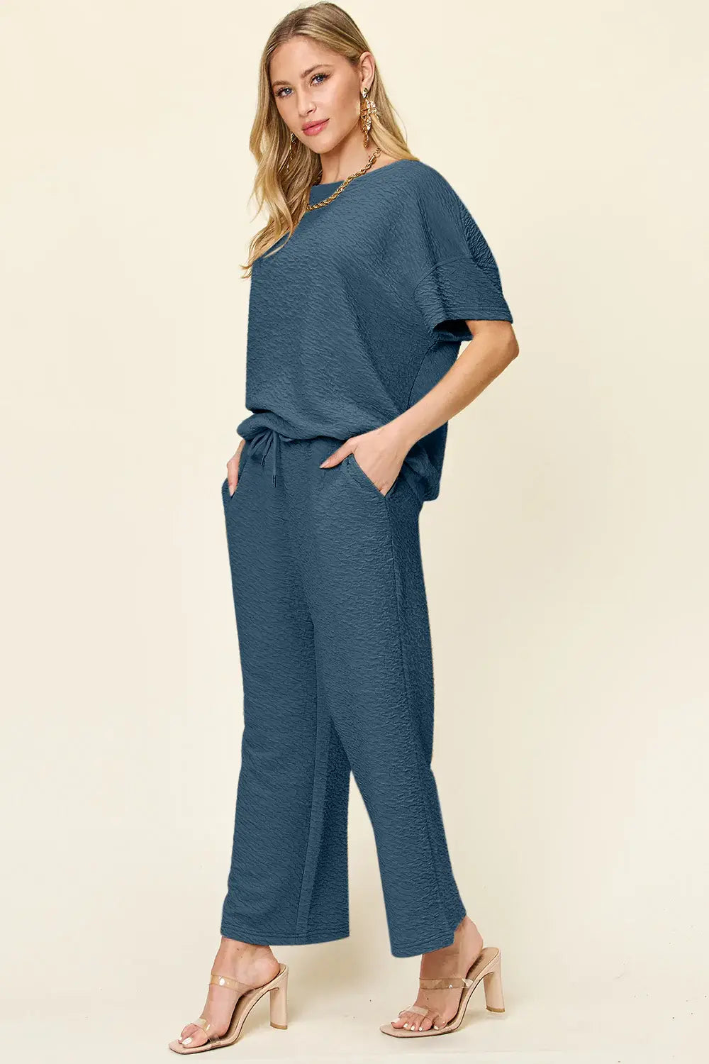 Double Take Full Size Texture Short Sleeve Top and Pants Set - Trendsi - Flyclothing LLC