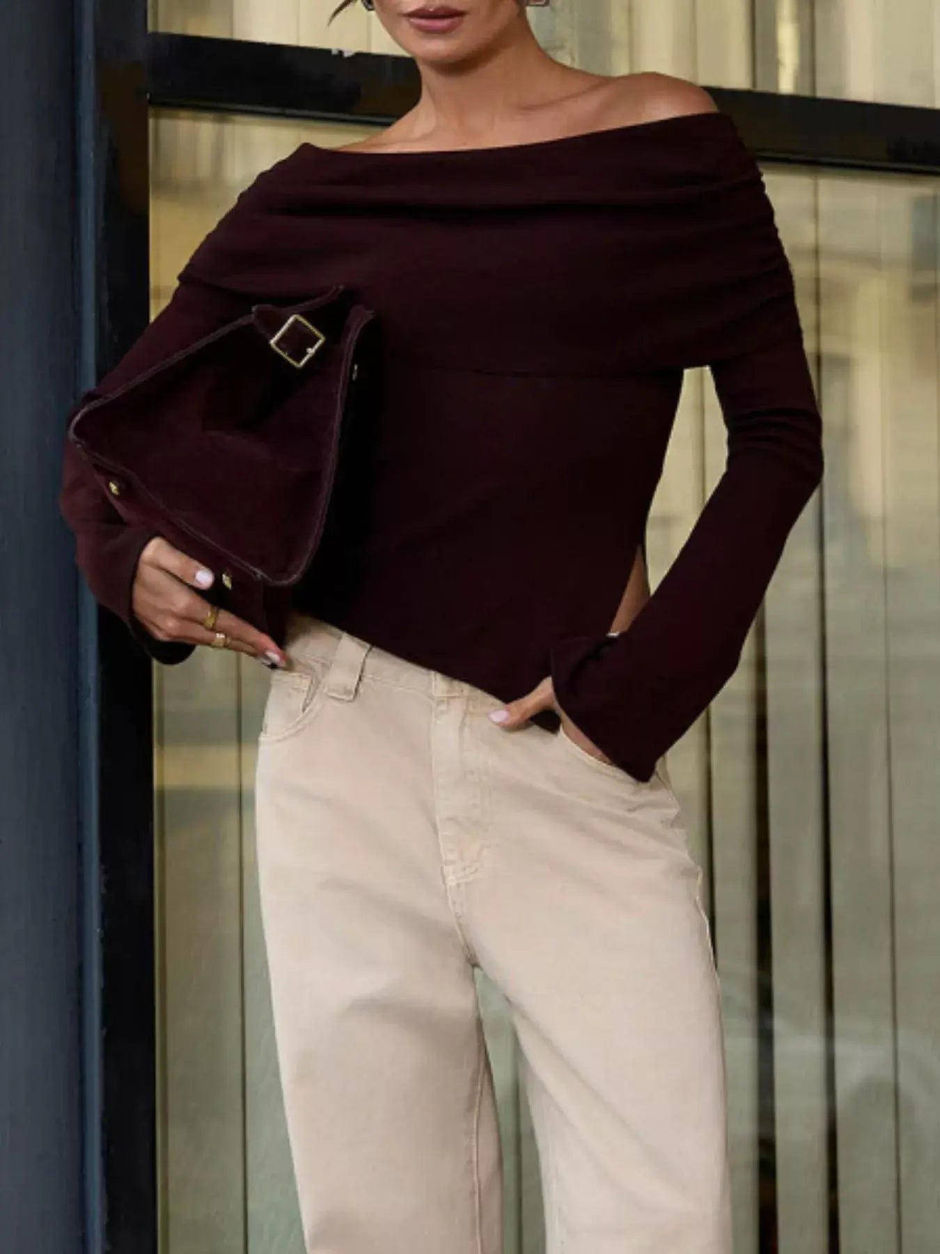 Asymmetrical Hem Off-Shoulder Long Sleeve Knit Top - Trendsi - Flyclothing LLC