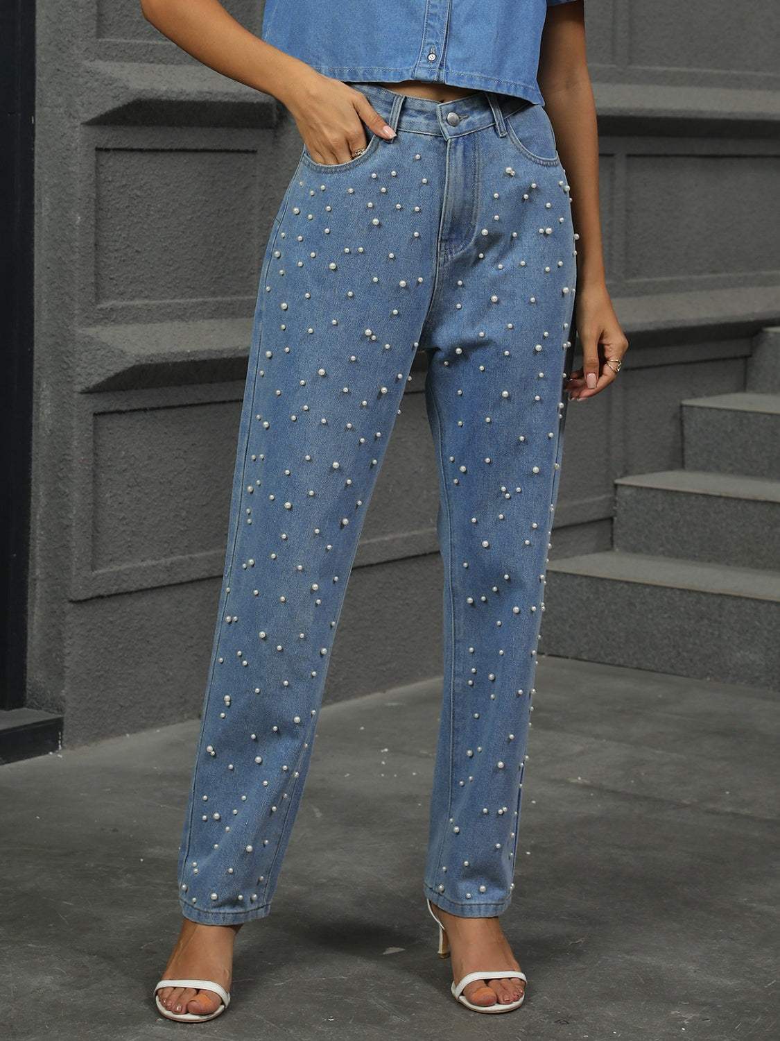 Pearl Detail Straight Jeans with Pockets - Trendsi - Flyclothing LLC