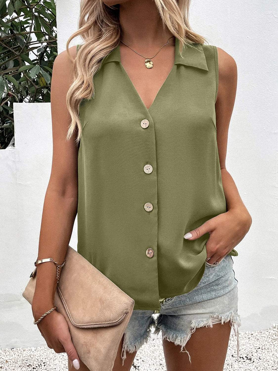 Full Size Johnny Collar Button Up Tank - Trendsi - Flyclothing LLC