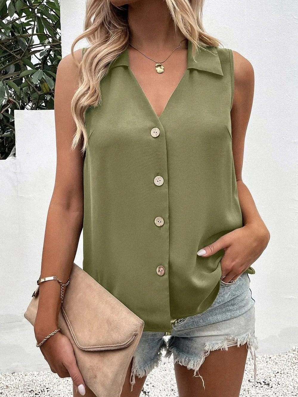 Full Size Johnny Collar Button Up Tank - Trendsi