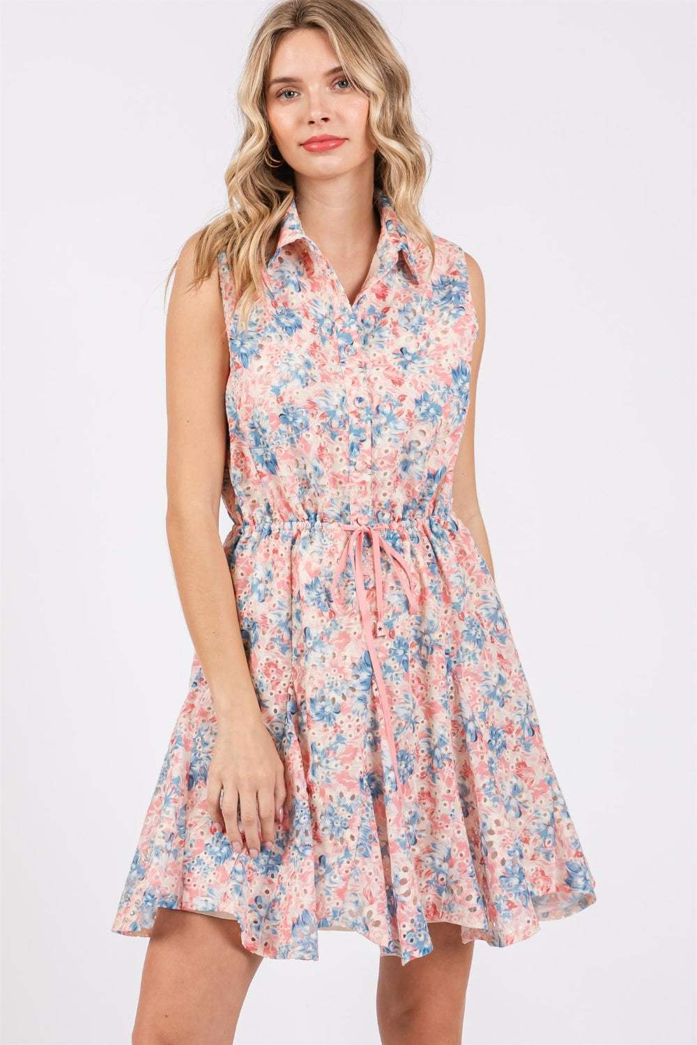 GeeGee Full Size Floral Eyelet Sleeveless Mini Dress - Trendsi - Flyclothing LLC
