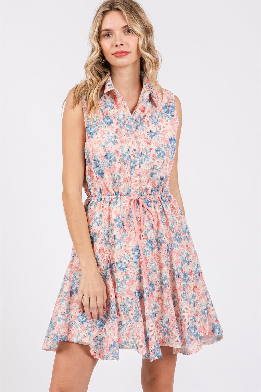 GeeGee Full Size Floral Eyelet Sleeveless Mini Dress - Trendsi