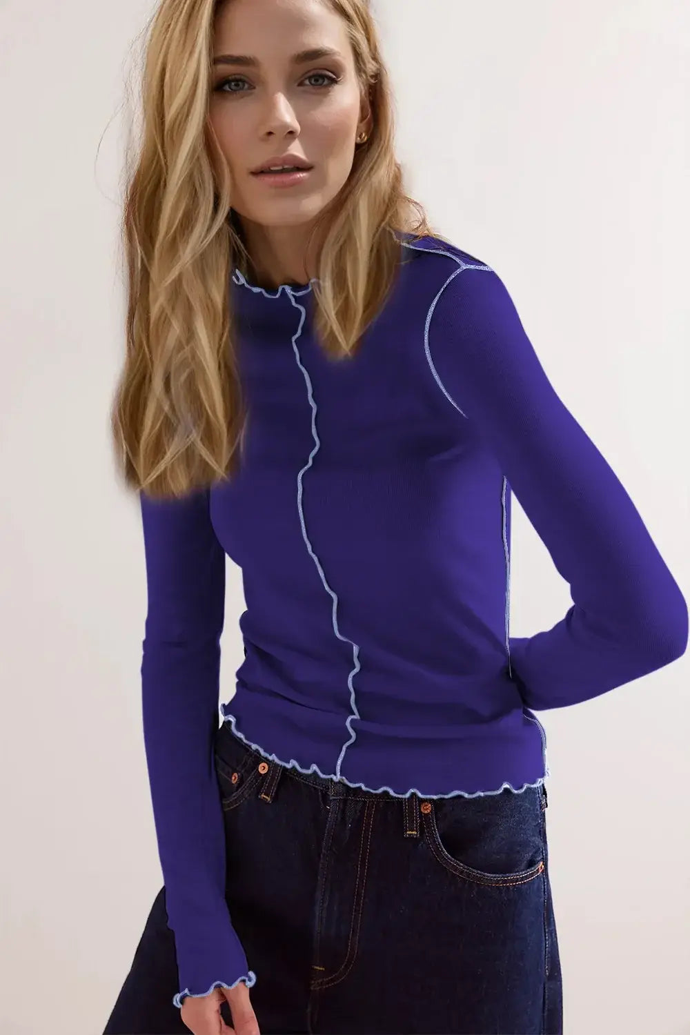 Basic Bae Contrast Trim Mock Neck Long Sleeve T-Shirt - Trendsi - Flyclothing LLC