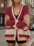 Contrast Button Up Long Sleeve Cardigan - Trendsi