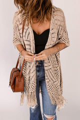 Openwork Open Front Cardigan with Fringes - Trendsi - Flyclothing LLC