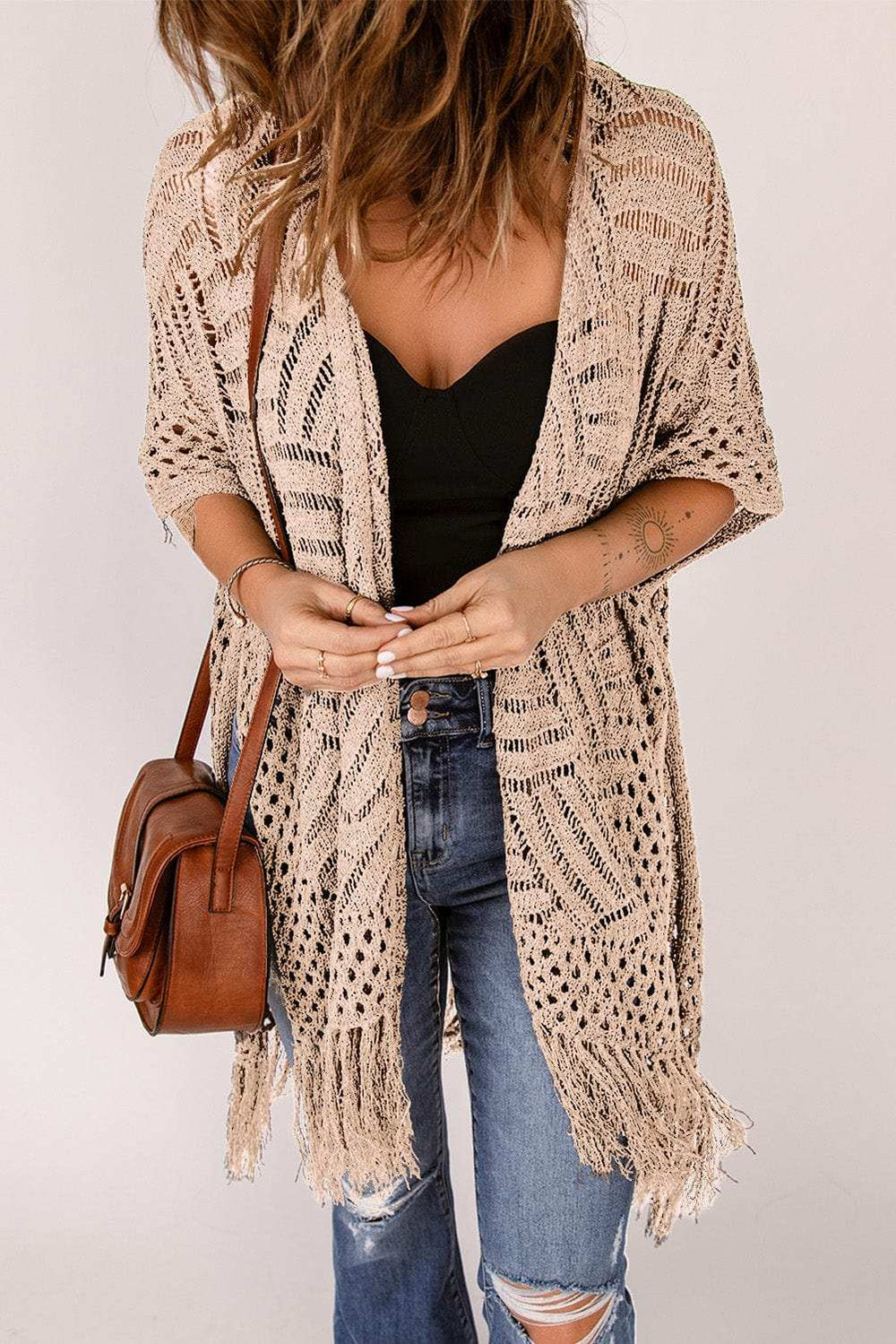 Openwork Open Front Cardigan with Fringes - Trendsi - Flyclothing LLC