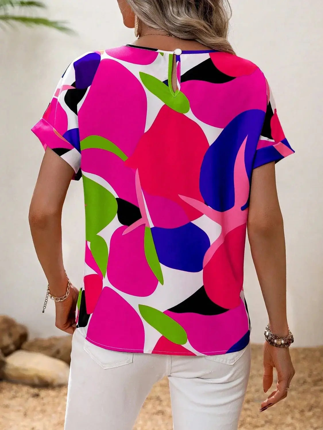 Contrast Round Neck Short Sleeve Blouse - Trendsi - Flyclothing LLC