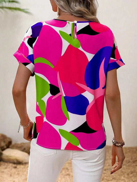 Contrast Round Neck Short Sleeve Blouse - Trendsi - Flyclothing LLC