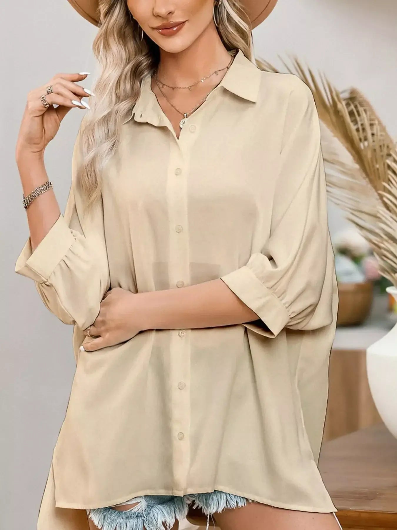 3/4 Sleeve Button Up Shirt - Trendsi - Flyclothing LLC