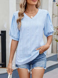 Puff Sleeve V-Neck Eyelet Lace T-Shirt - Trendsi - Flyclothing LLC