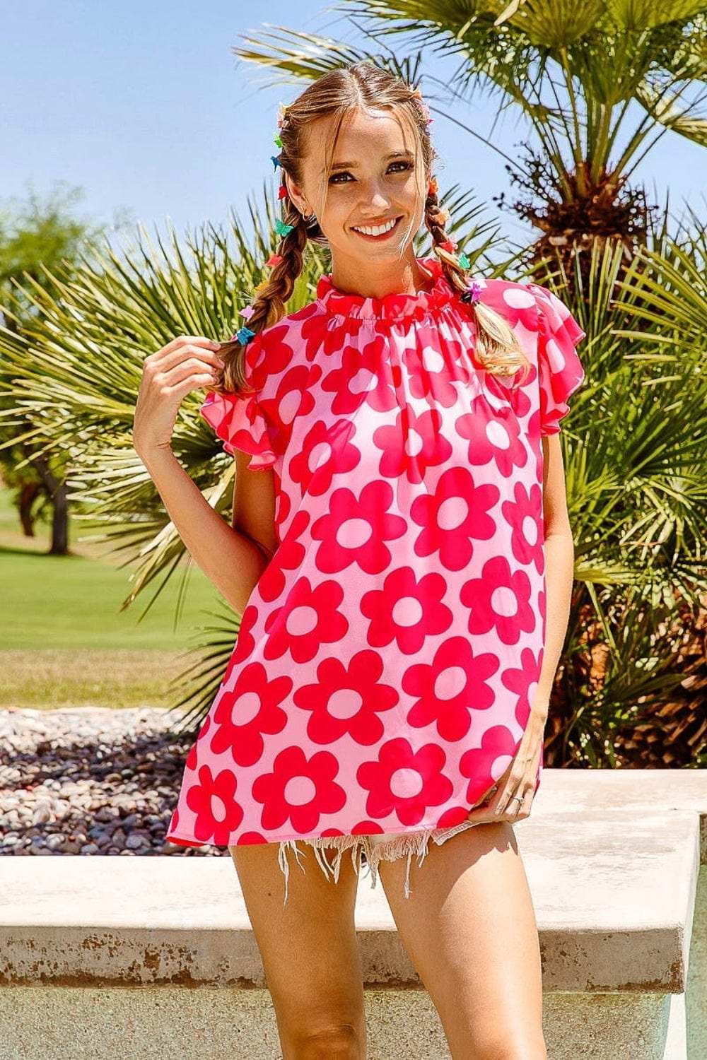 BiBi Floral Contrast Ruffled Top - Trendsi - Flyclothing LLC