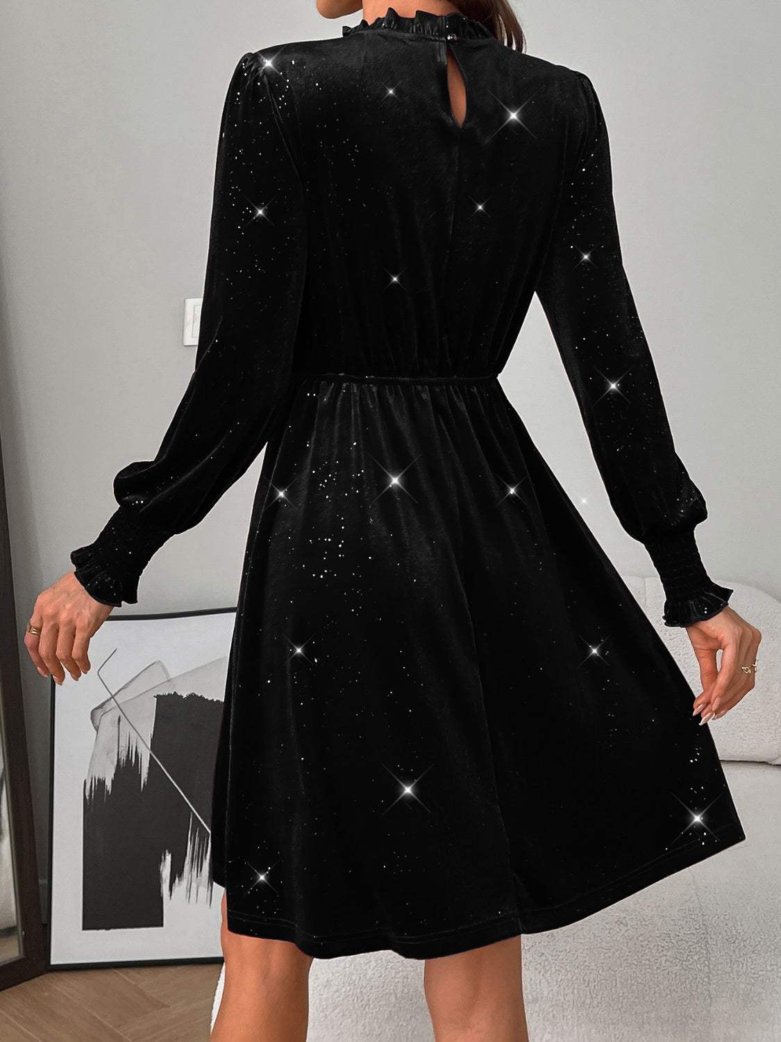 Glitter Mock Neck Long Sleeve Mini Dress - Trendsi - Flyclothing LLC