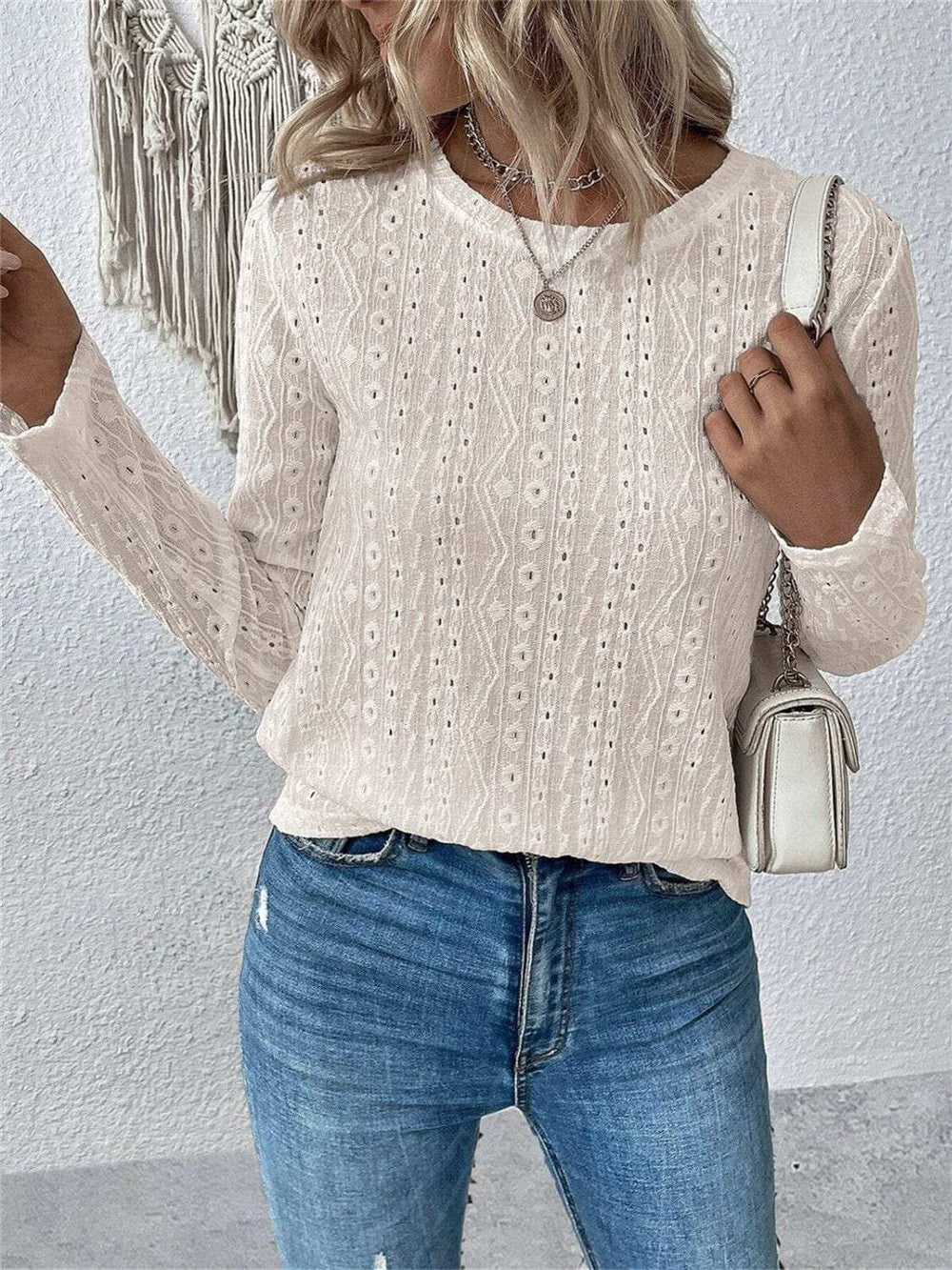 Eyelet Round Neck Long Sleeve Blouse - Trendsi - Flyclothing LLC